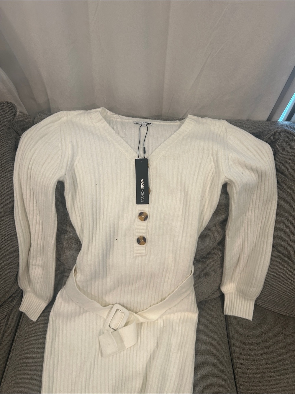 Topshop Cream Ribbed Knit Belted Long-Sleeve Dress